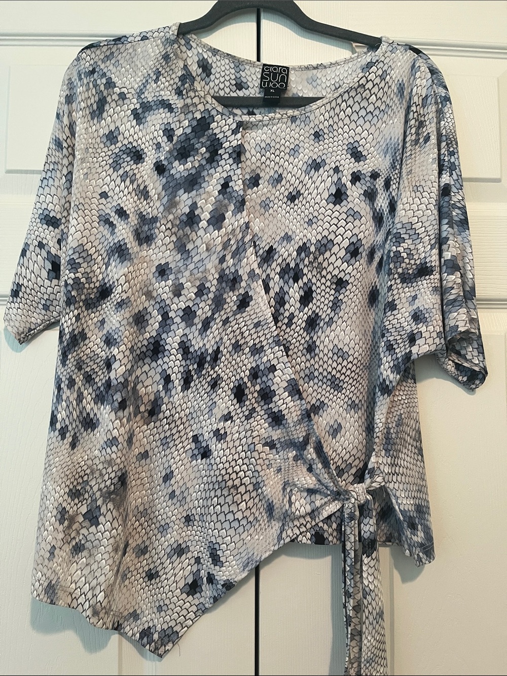 Clara Sun Woo Blue Gray Printed Side-Tie Blouse